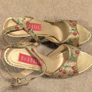 Bordello Gold Sandals with Cherry Design